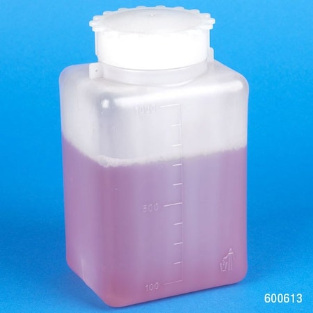Globe Scientific Bottle with Screwcap, Wide Mouth, Square, Graduated, PE , 1000mL, 6PK 600613-6